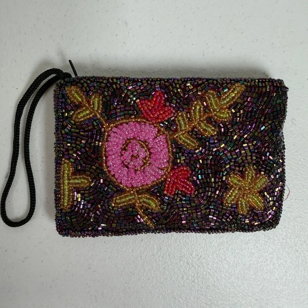 Vintage Small Coin Purse Beaded Floral Iridescent Purple Pink Wristlet Pouch